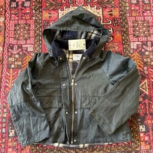 NWT Zara Kids GREY black navy plaid Hooded Jacket size 11/12 kids